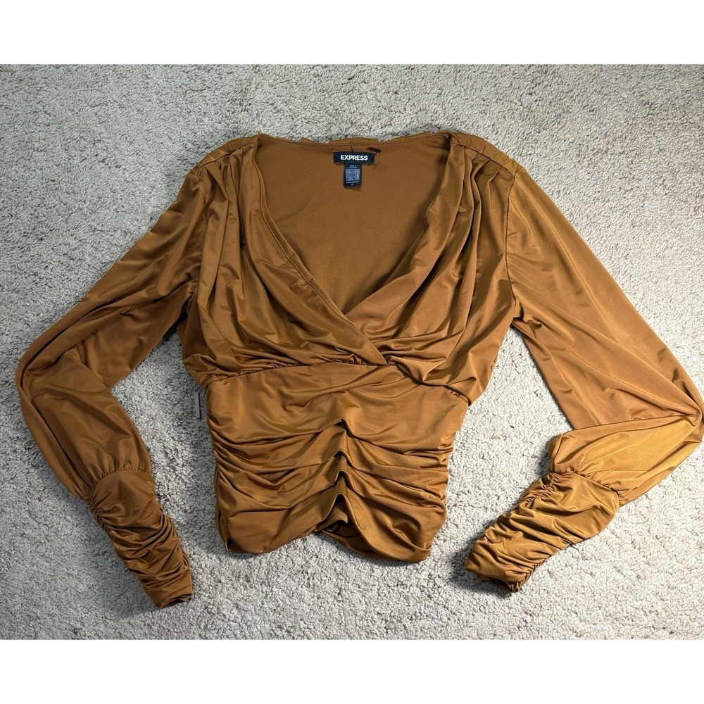 Express Womens XS Ruched Crop Top Long Sleeve V-Neck Draped Brown Stretch Blouse